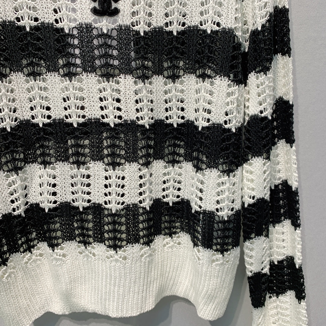 CC 26s Striped Openwork Sweater Black White 406249
