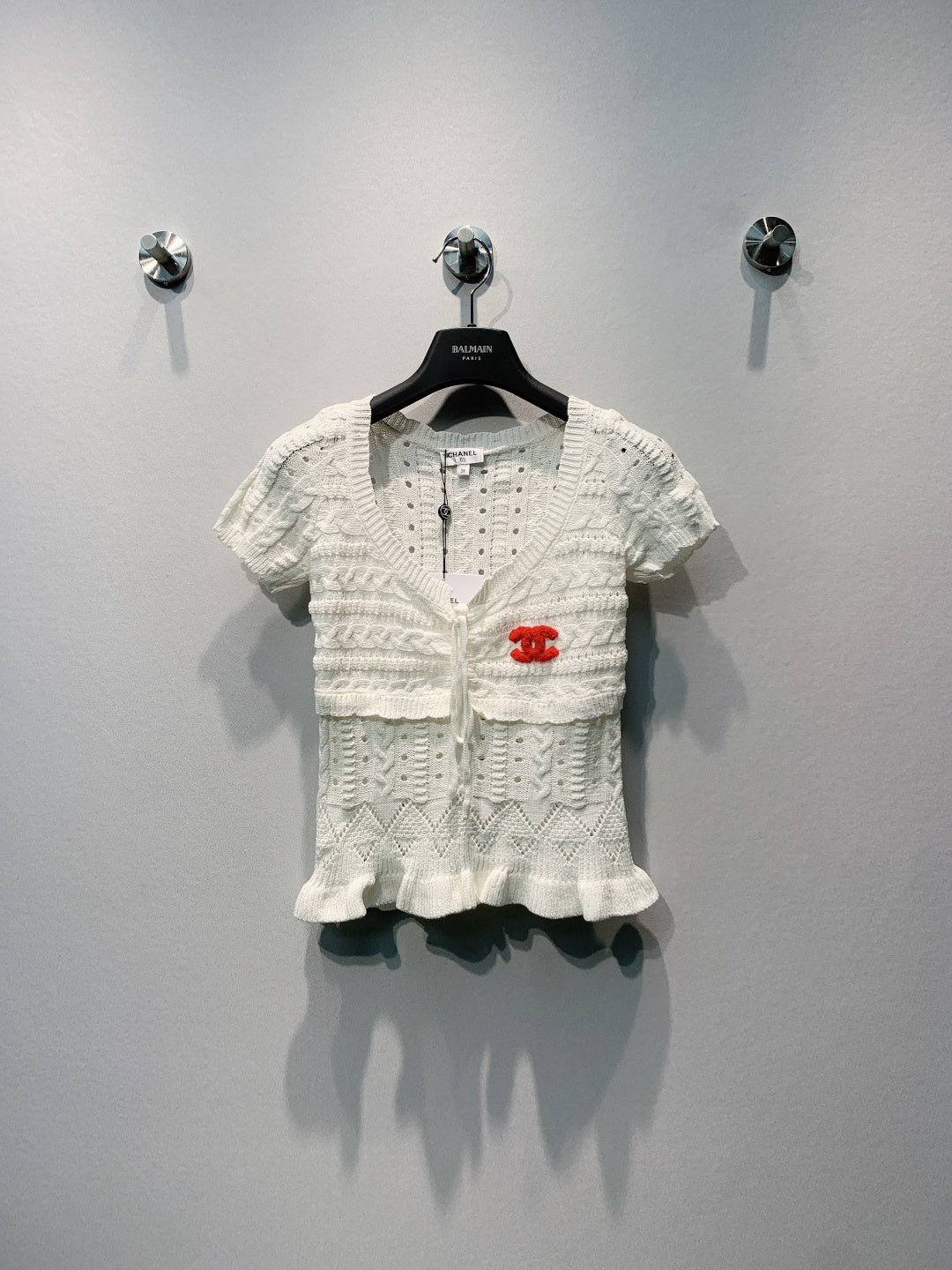 CC 26s Cable Sweater with Ruffles White Knit 406279