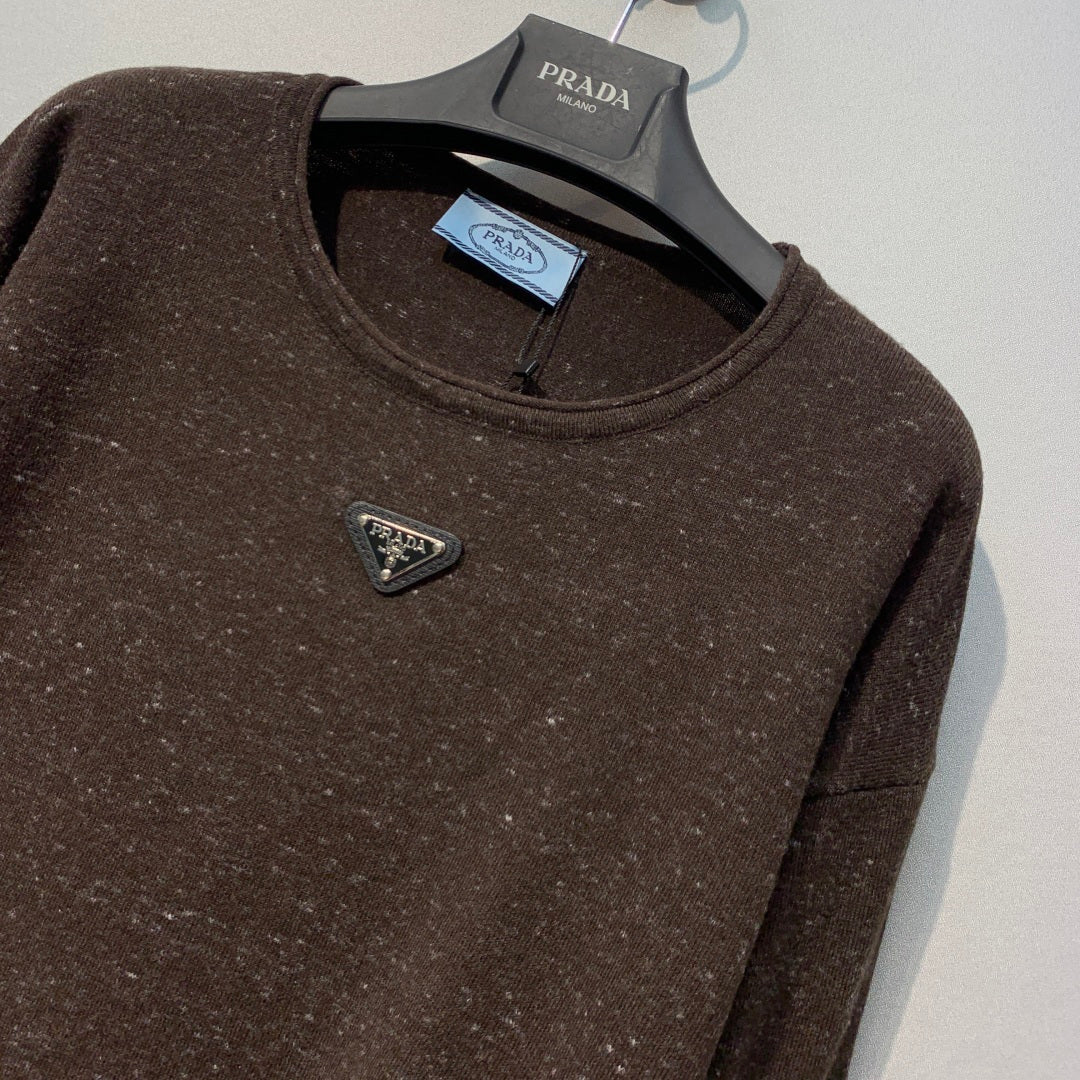 Prada Triangle Logo Knit Sweater Brown Wool 421189