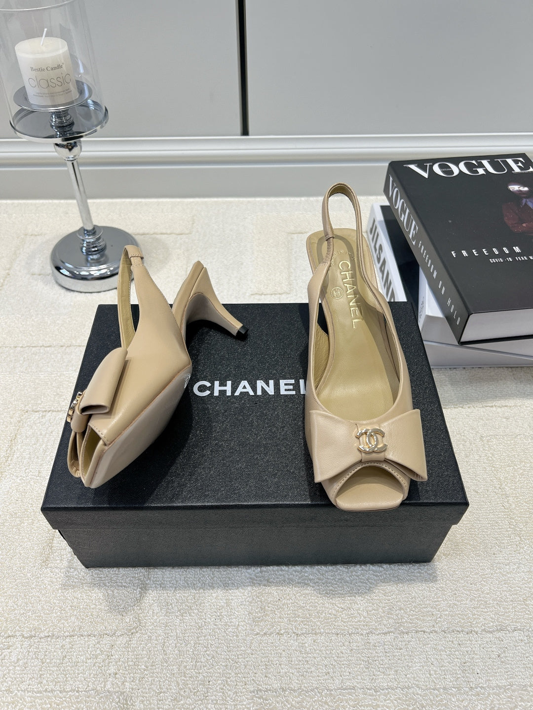 CC 26s Bow Peep-Toe Slingback Beige Sheepskin 964579