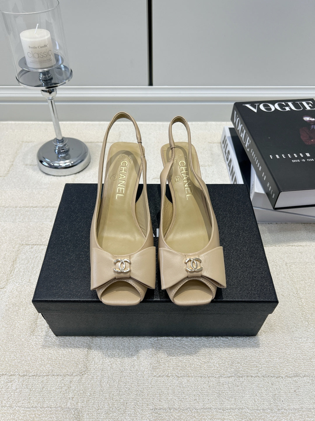 CC 26s Bow Peep-Toe Slingback Beige Sheepskin 964579