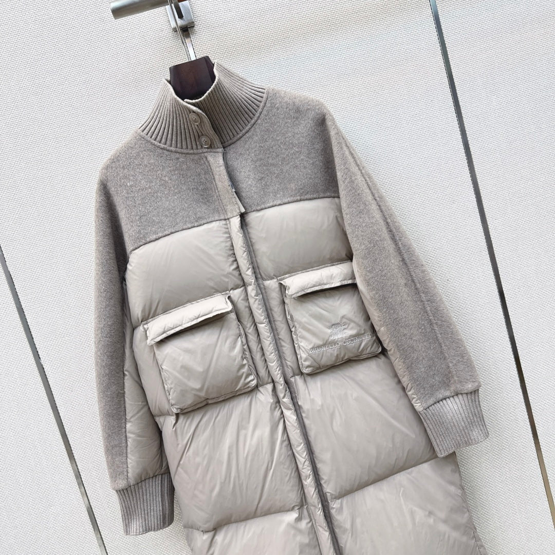 BC 26s Long Puffer Jacket Light Taupe Down Recycled Nylon Fabric 419328