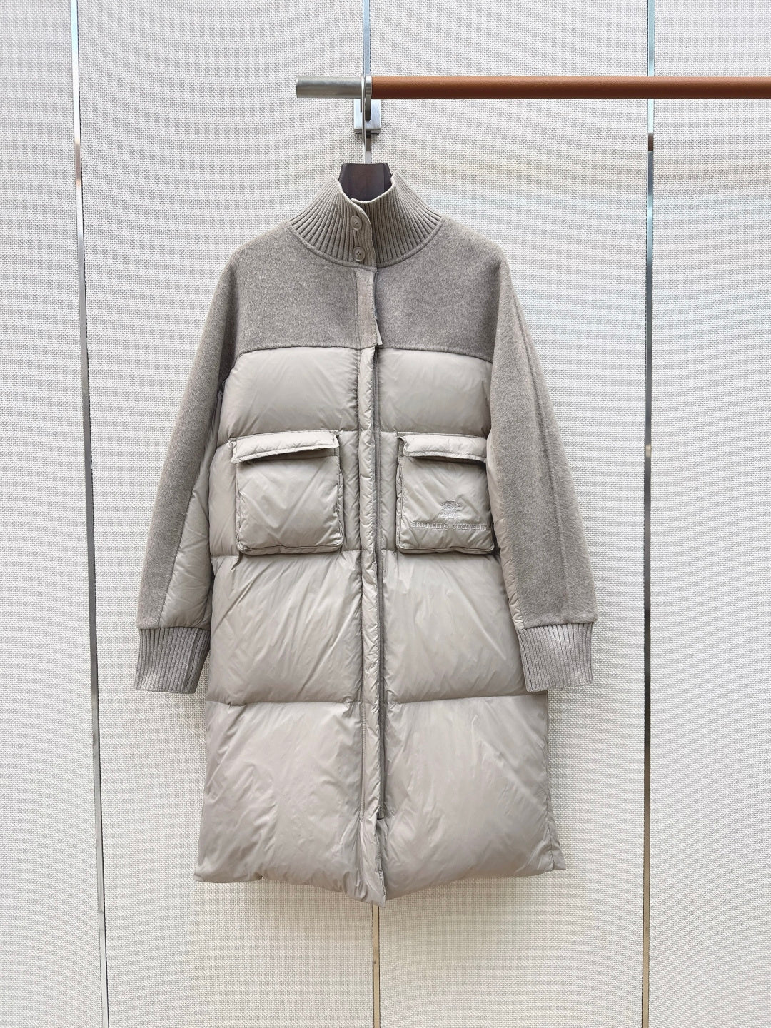 BC 26s Long Puffer Jacket Light Taupe Down Recycled Nylon Fabric 419328