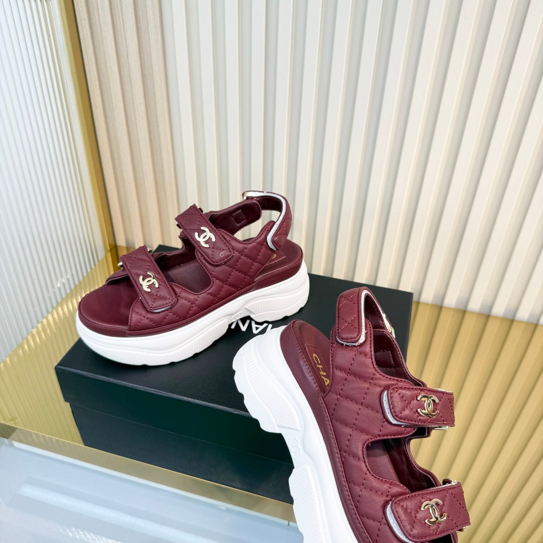 Chanel 26S Platform Velcro Sandals in Dark Red Lambskin