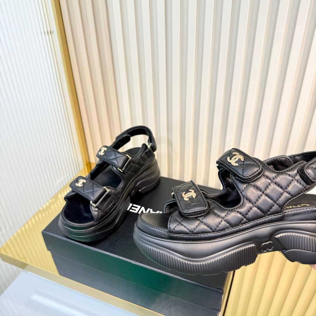 Chanel 26S Platform Velcro Sandals in Black Lambskin