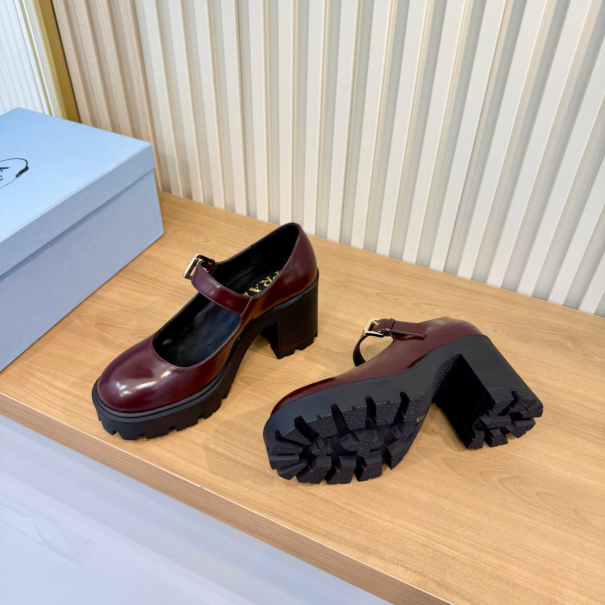 Prada 26s Mary Jane Shoes Burgundy Patent Leather 140577