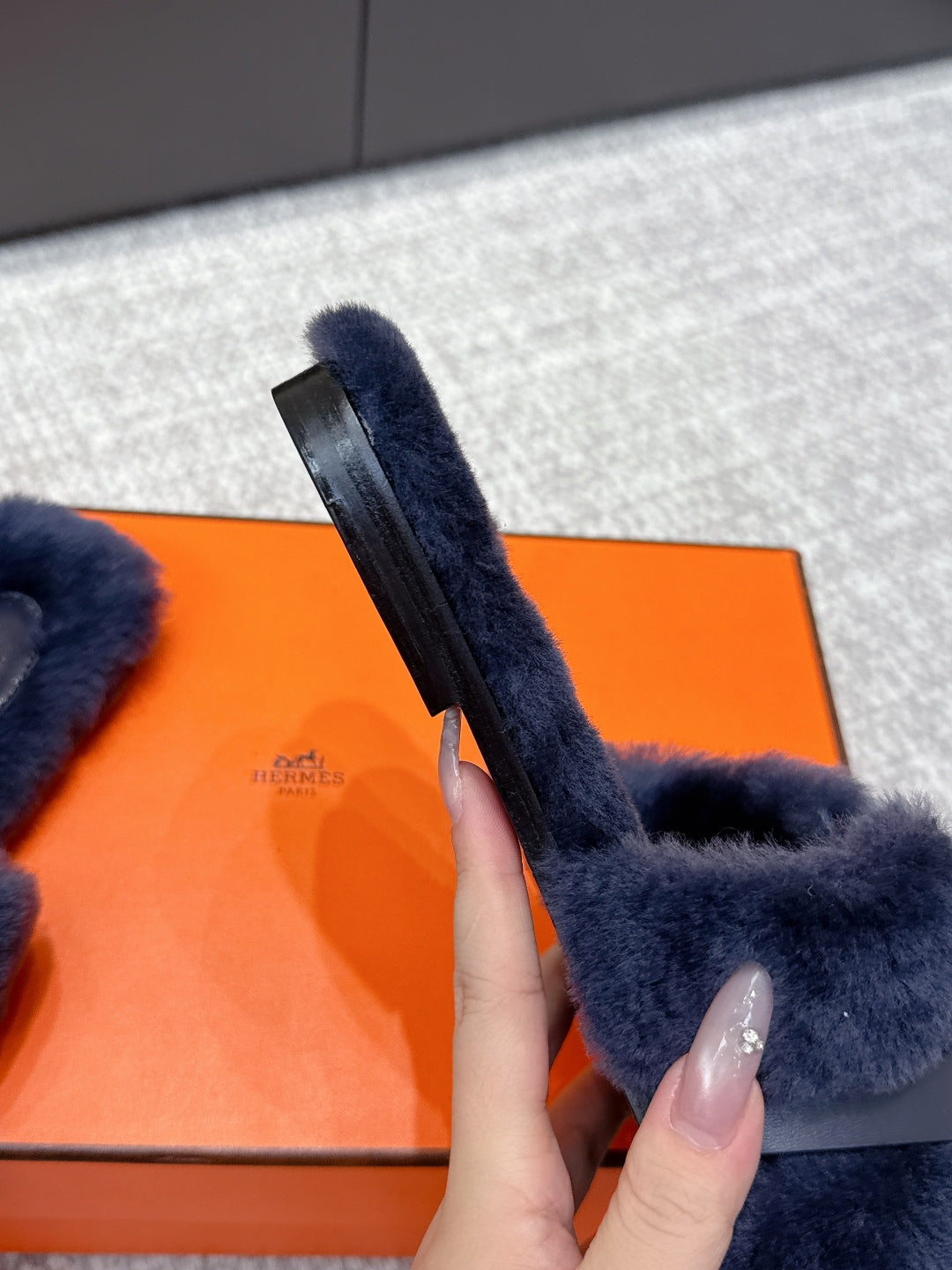 HM 25s H Shaped Slipper with Buckle Navy Blue Shearling 462192