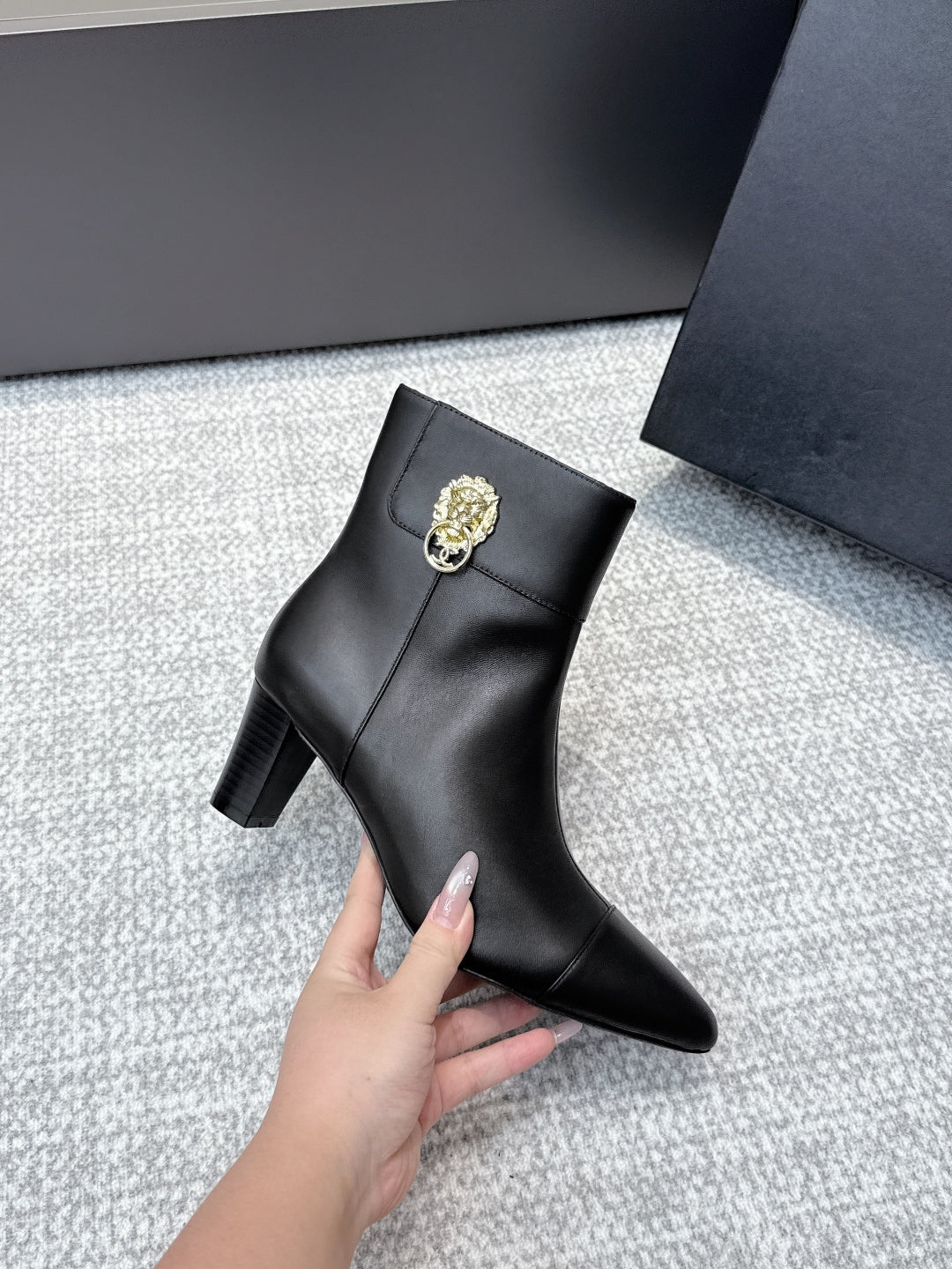 CC 2025s  Lion Pointed Toe Ankle Boots 50mm Black Sheepskin 461623