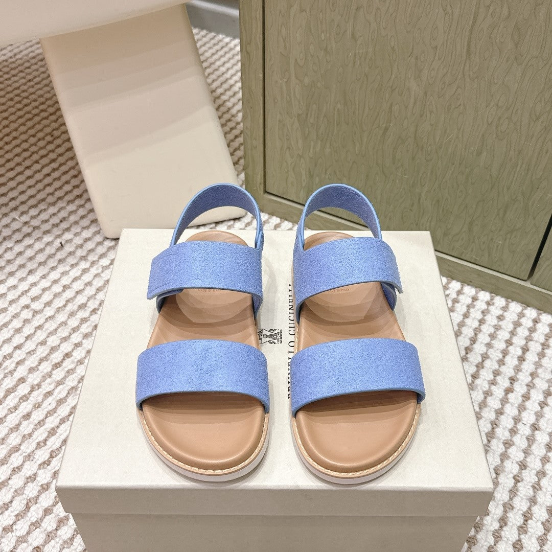 Brunello 26s Velcro  Men's Sandals Light Blue Brown Suede Cowhide  612227