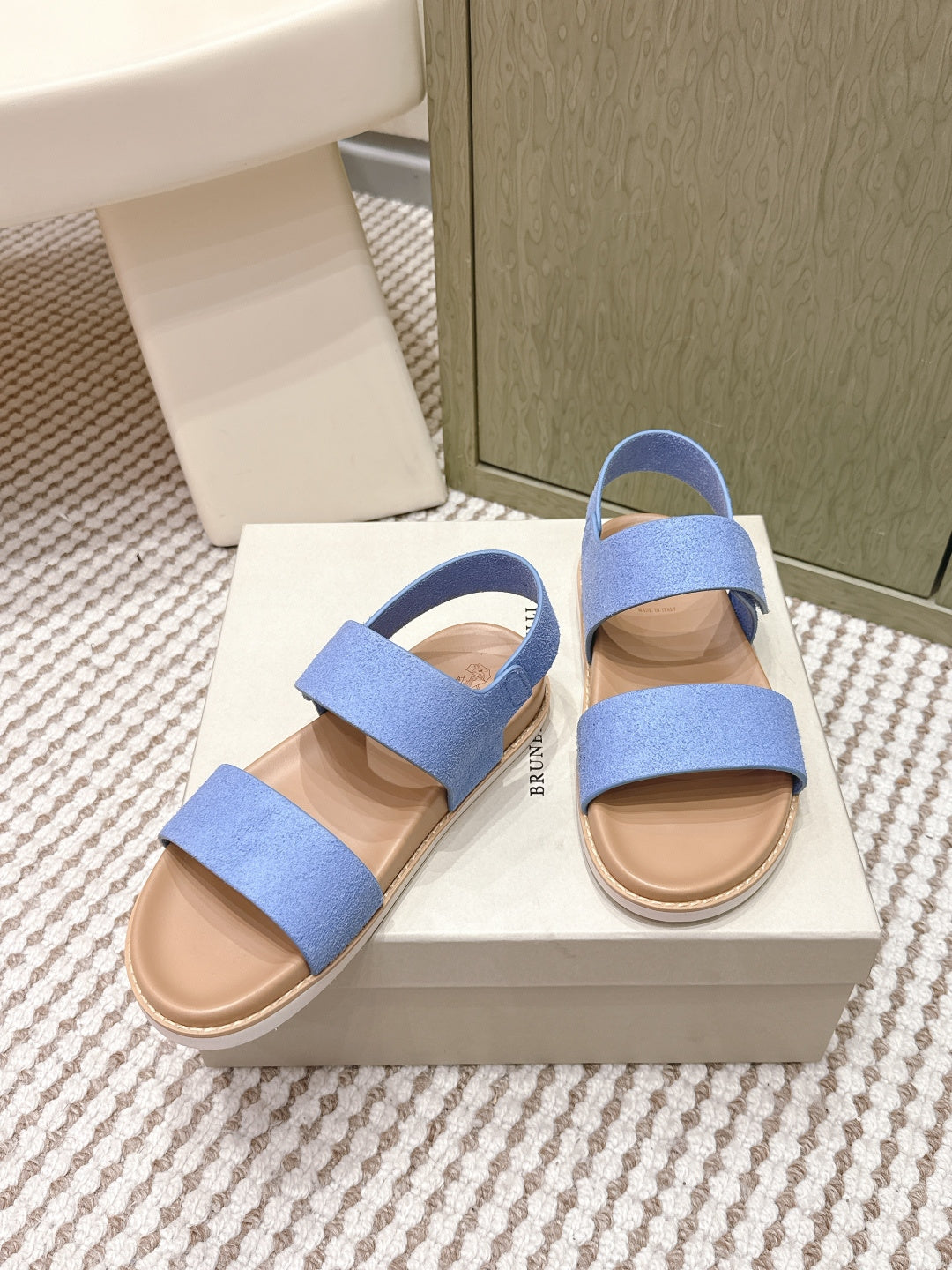 Brunello 26s Velcro  Men's Sandals Light Blue Brown Suede Cowhide  612227