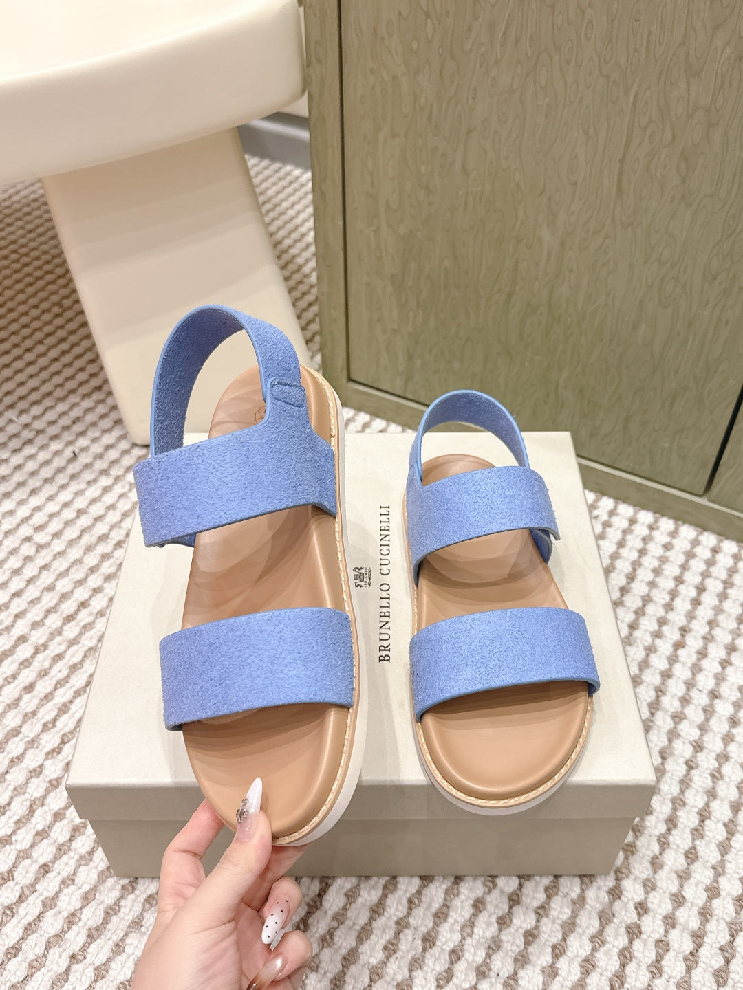 Brunello 26s Velcro  Men's Sandals Light Blue Brown Suede Cowhide  612227