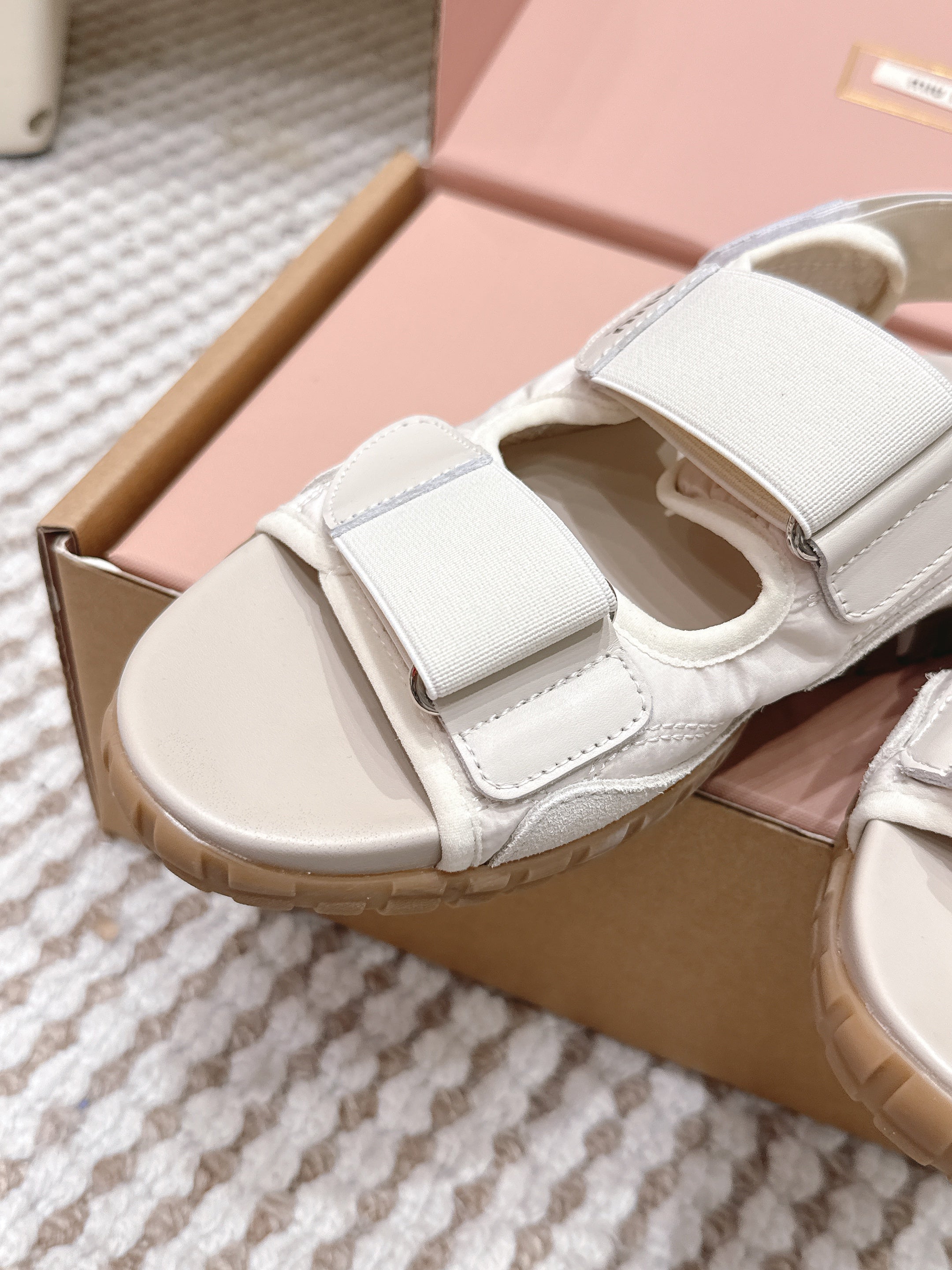 Miu 26s Velcro Sandals Ivory Nylon Suede 632330