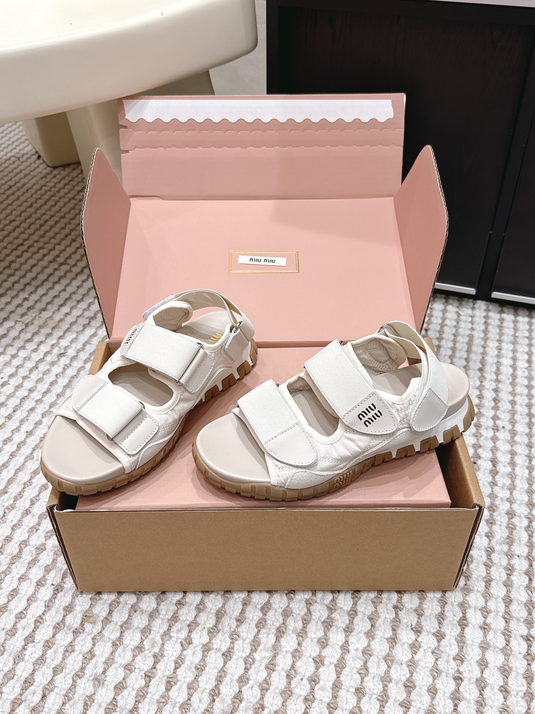 Miu 26s Velcro Sandals Ivory Nylon Suede 632330