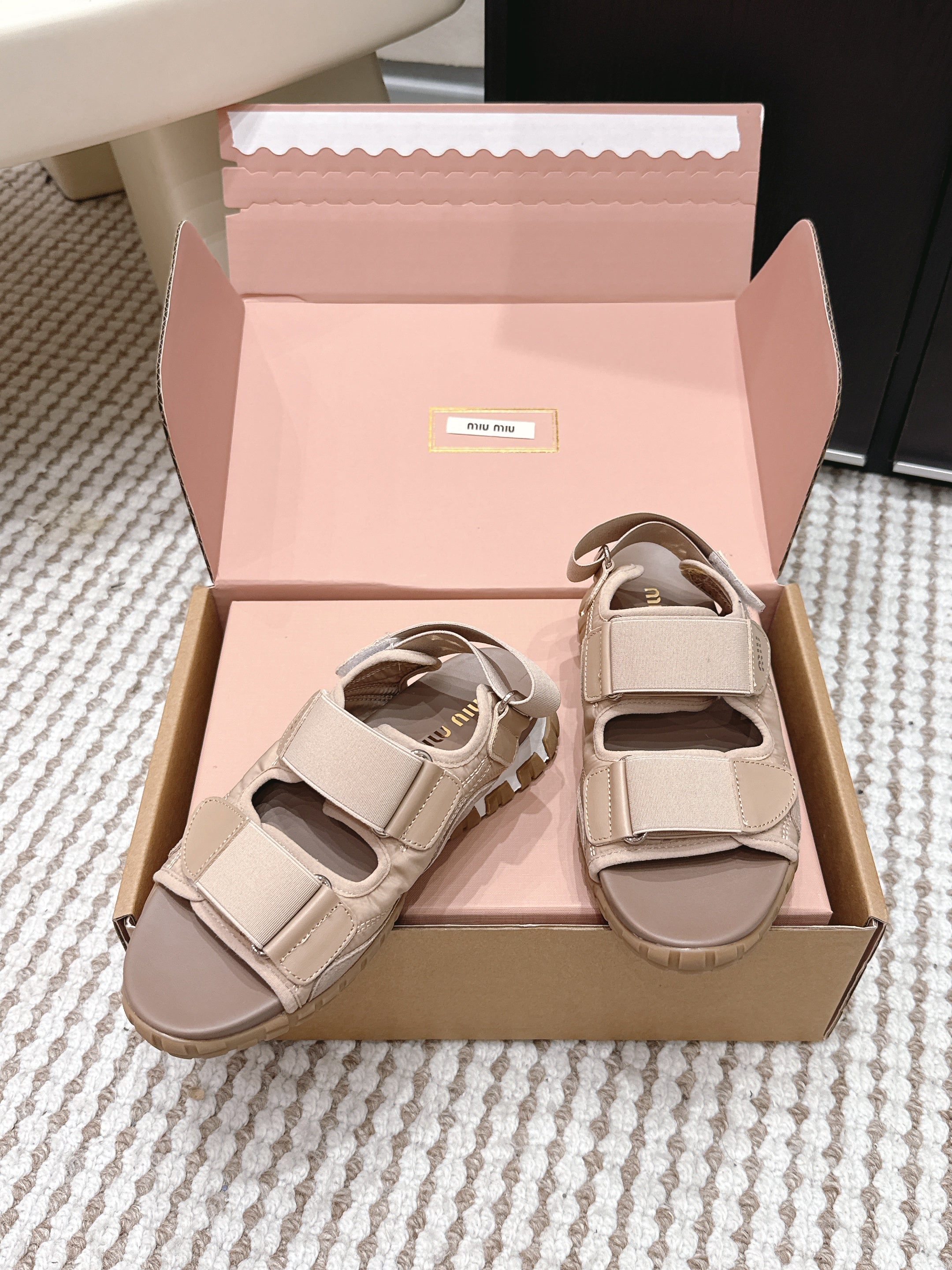 Miu 26s Velcro Sandals Light Brown Nylon Suede 632331