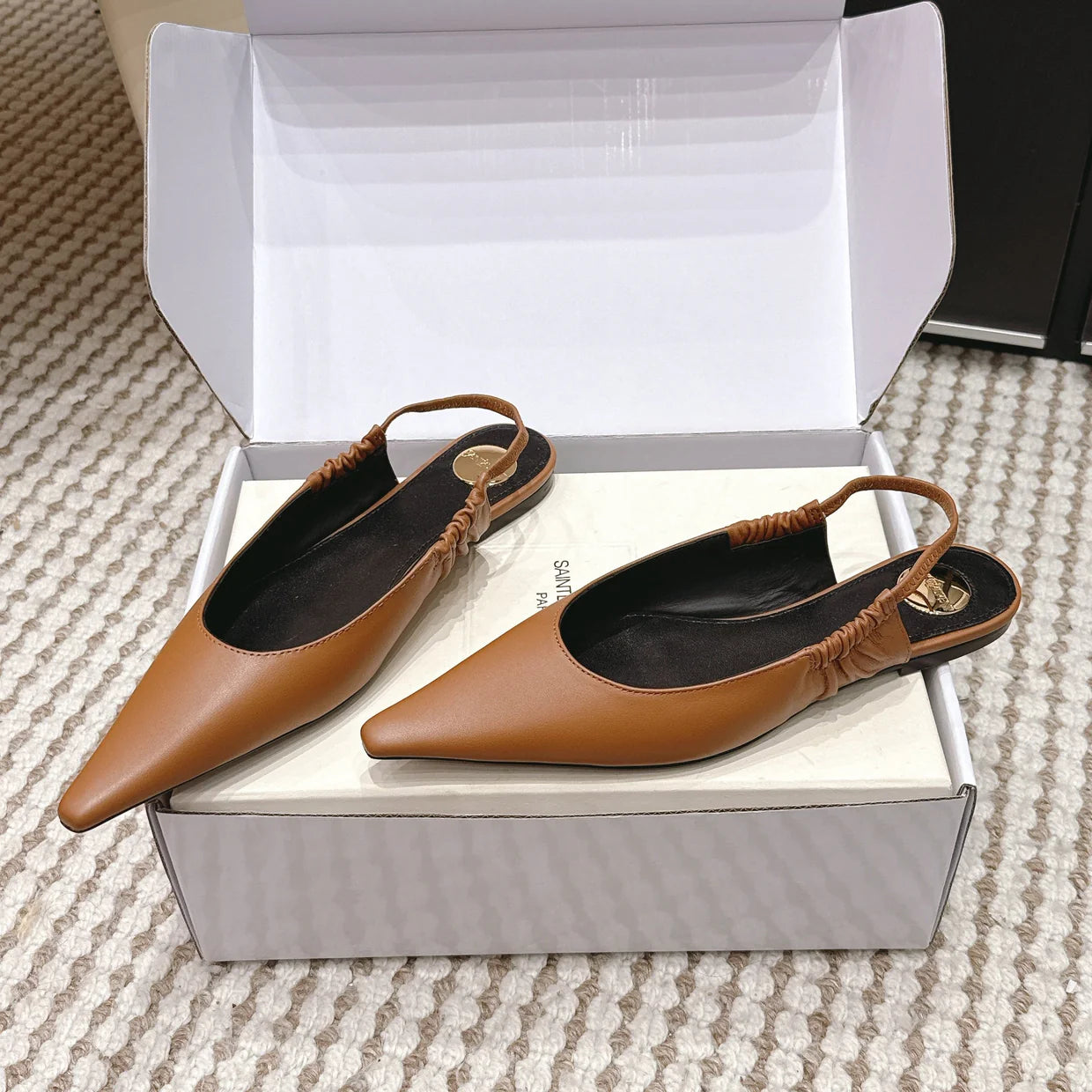 YSL 26ss Flat Slingback Camel Brown Sheepskin 654712