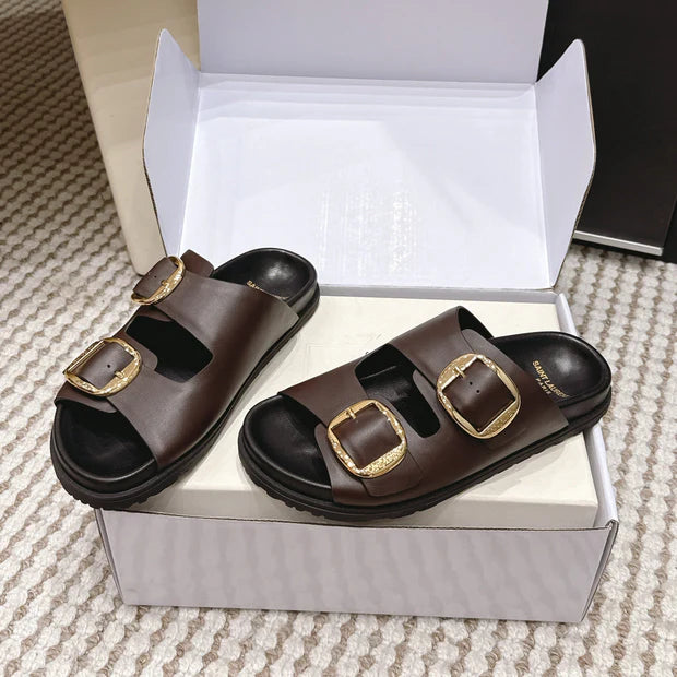 YSL 26ss Platform Slippers Black Dark Brown Sheepskin 663208