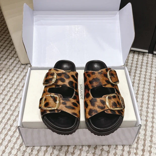 YSL 26ss Platform Slippers Black Leopard Print Leather Gold Buckle 663211