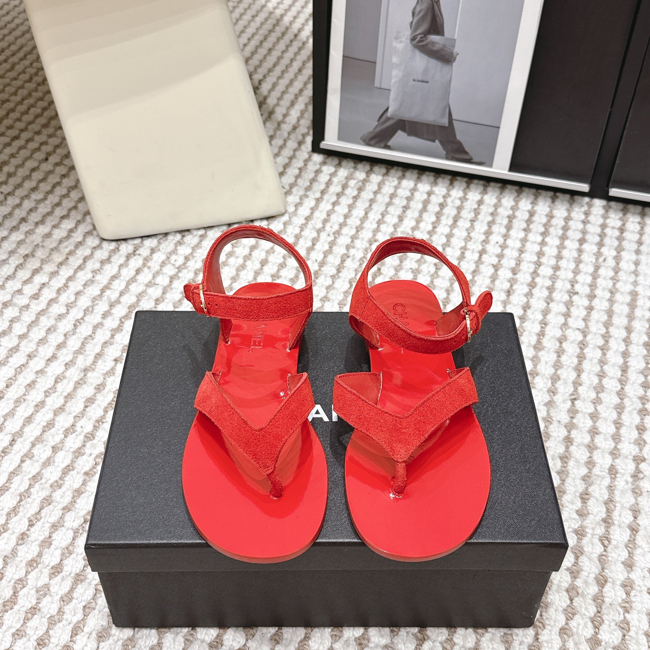 CC Strappy Sandals Red Suede Leather 721498