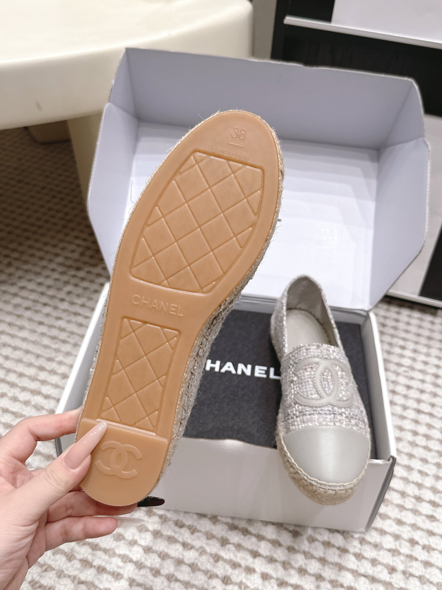 CC 26s Slip Ons Grey Tweed Patent Calfskin