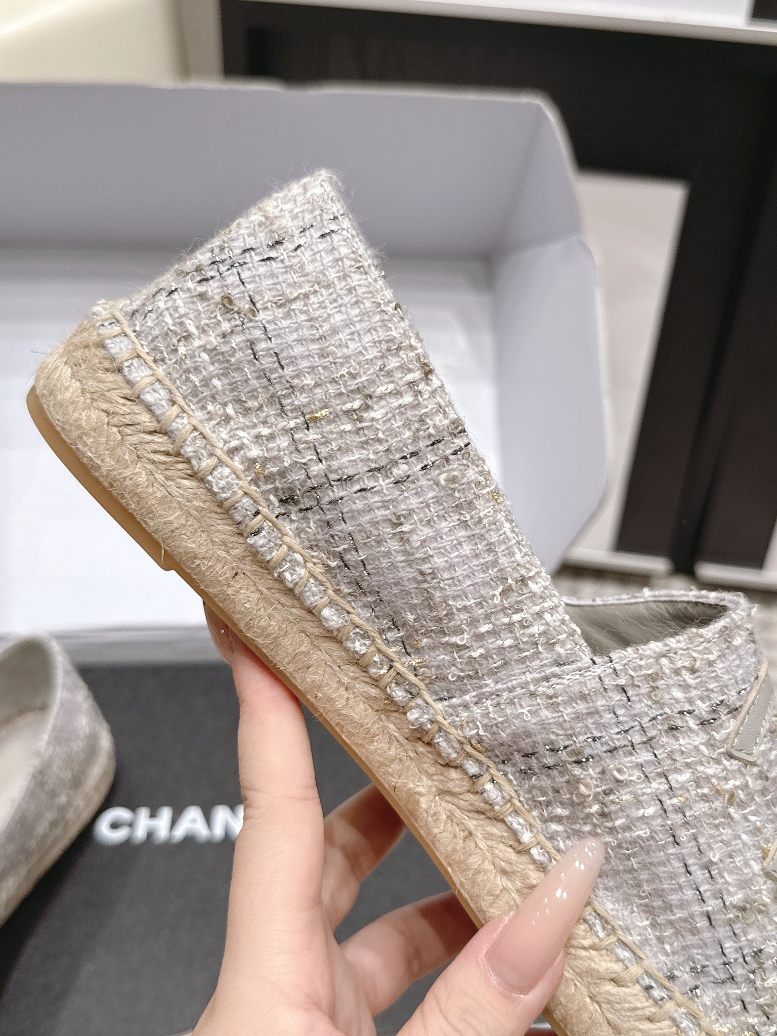 CC 26s Slip Ons Grey Tweed Patent Calfskin