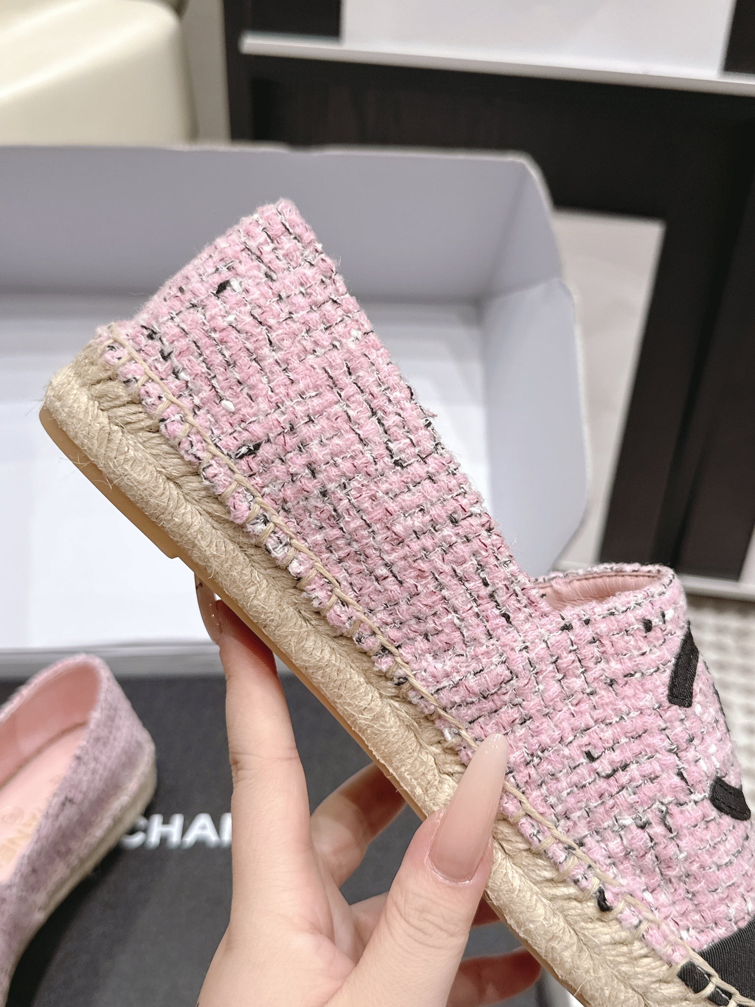 CC 26s Slip Ons Black Pink Tweed Patent Calfskin