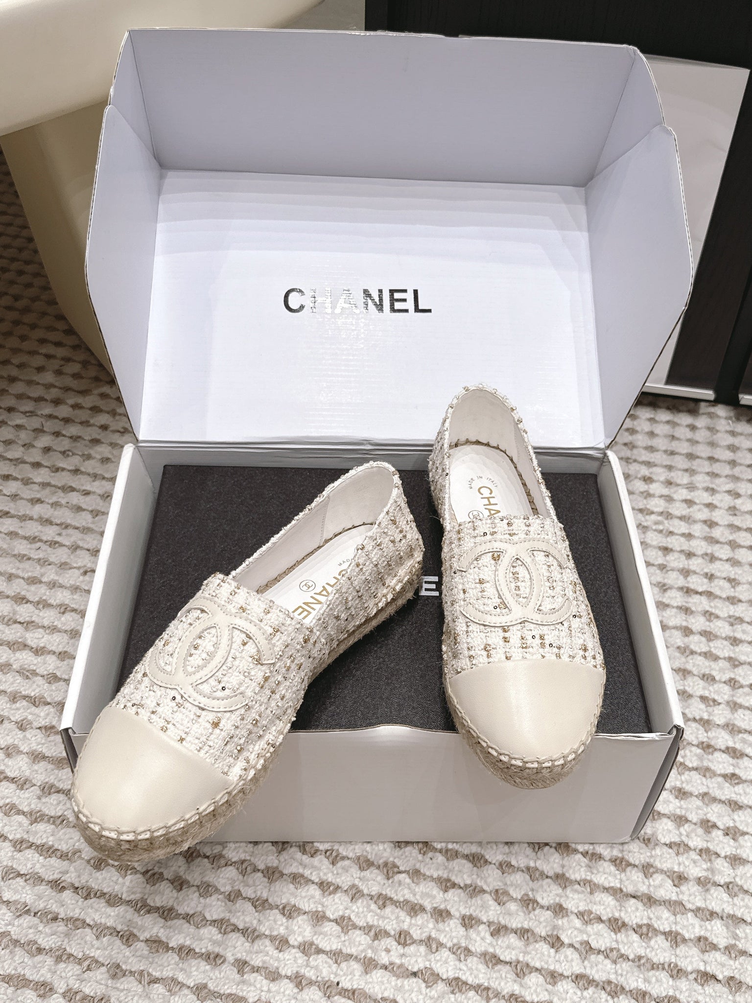CC 26s Slip Ons White Tweed Patent Calfskin