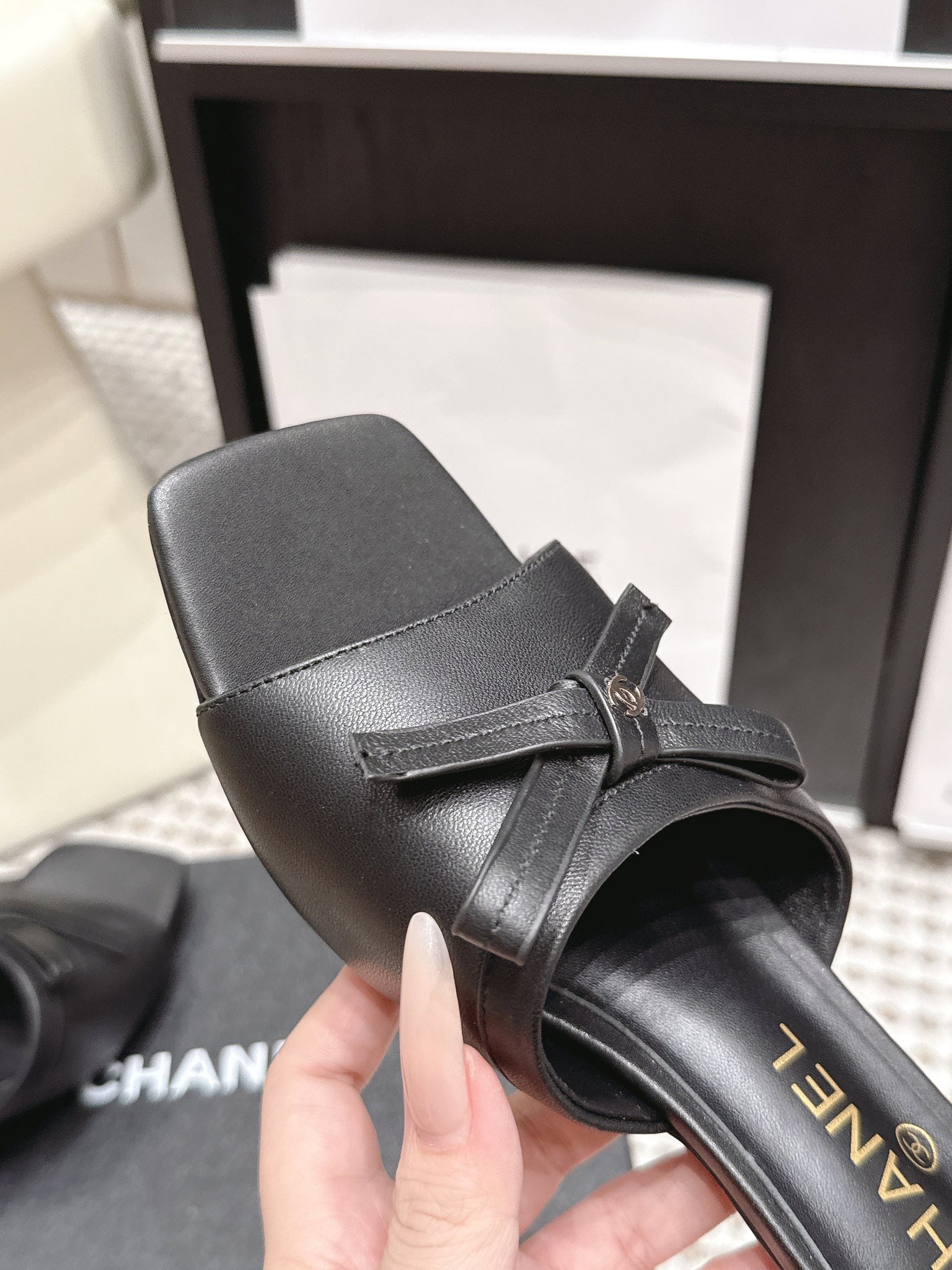 CC 26S Square Toe High Heel Sandals Black Calfskin