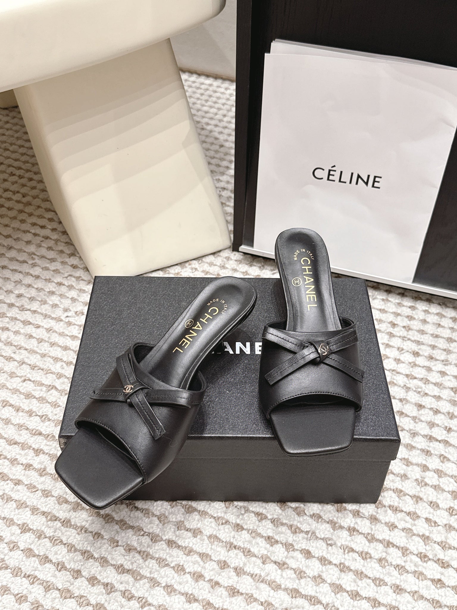CC 26S Square Toe High Heel Sandals Black Calfskin