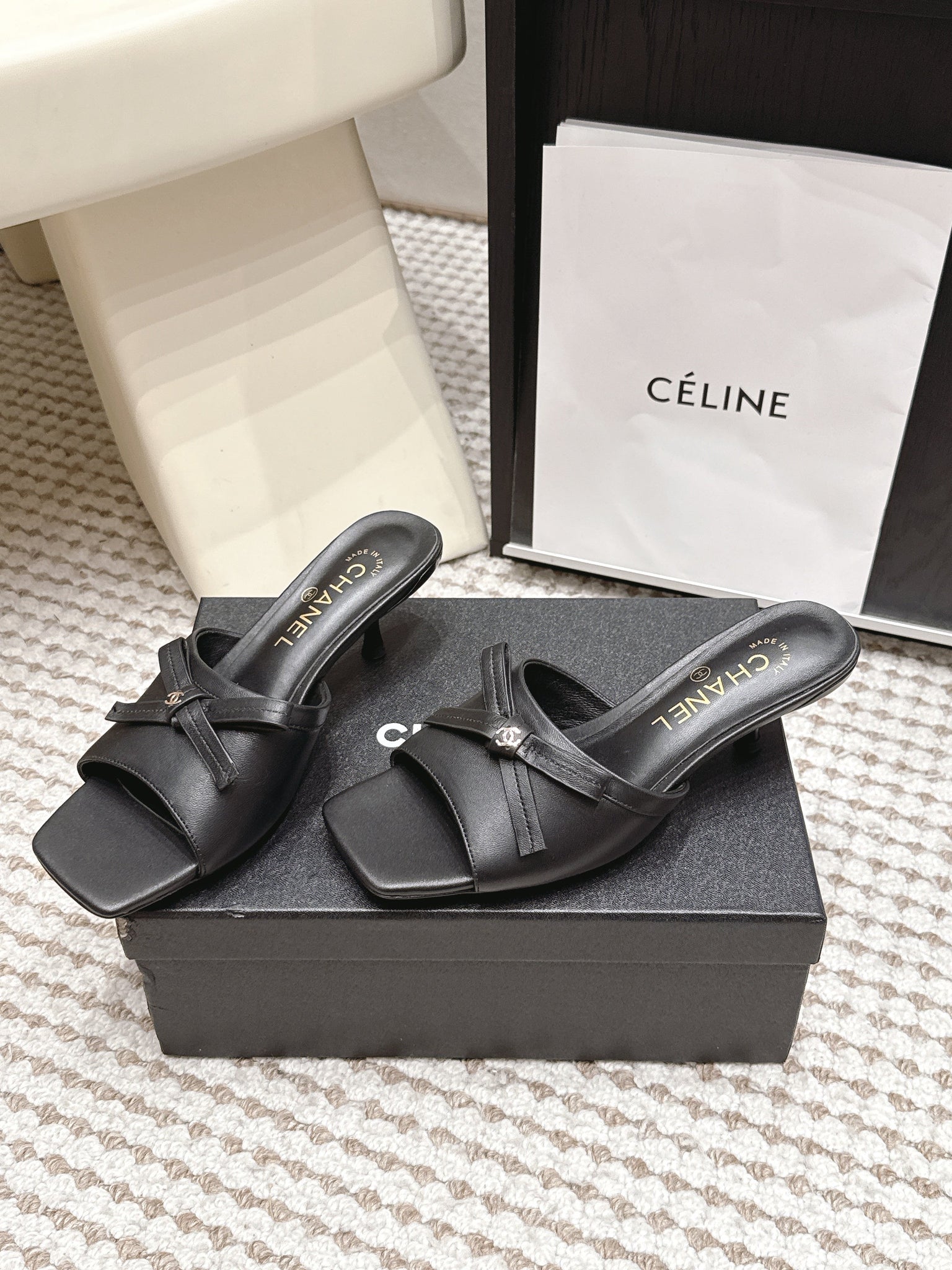 CC 26S Square Toe High Heel Sandals Black Calfskin