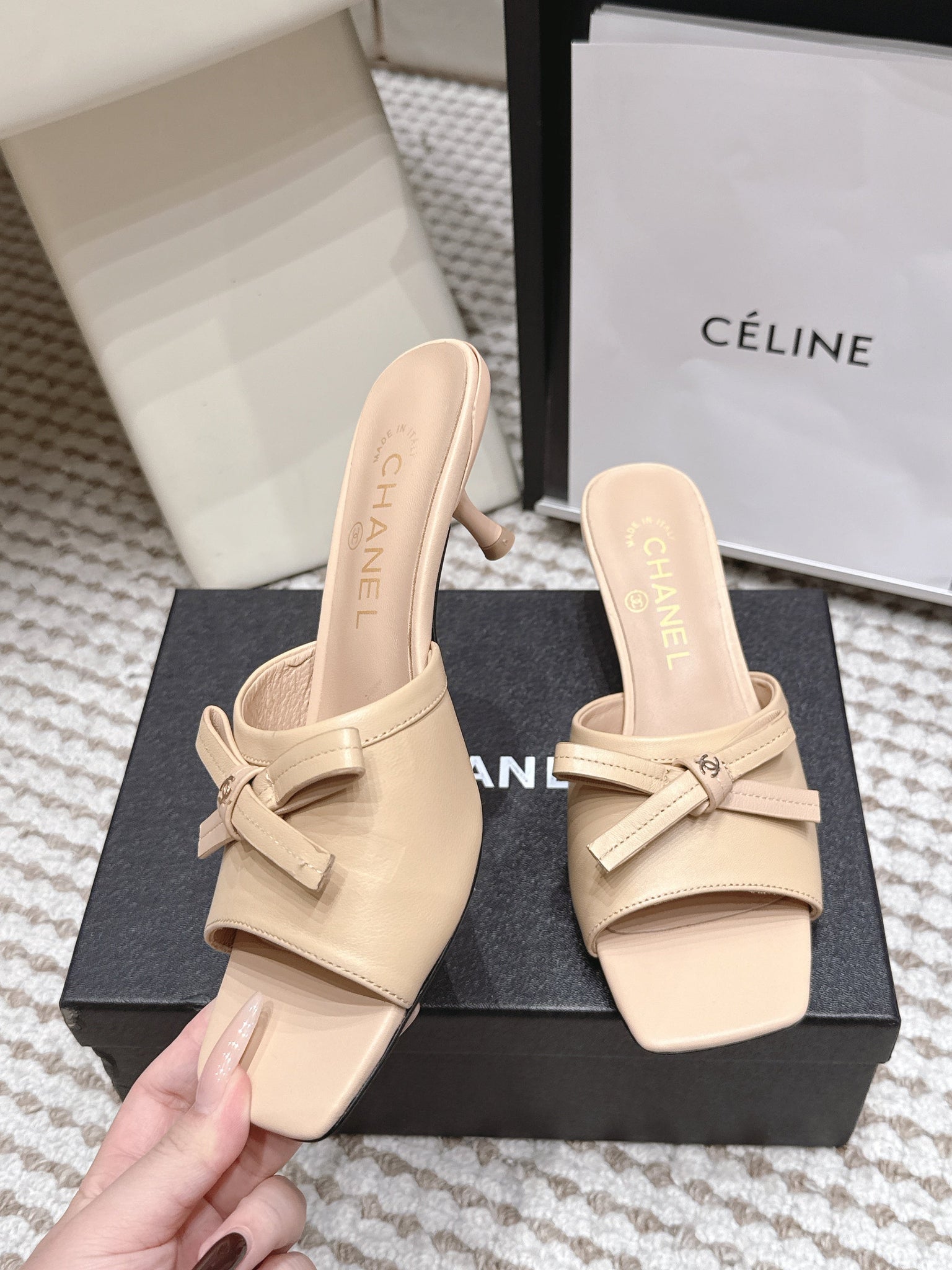 CC 26S Square Toe High Heel Sandals Beige Calfskin