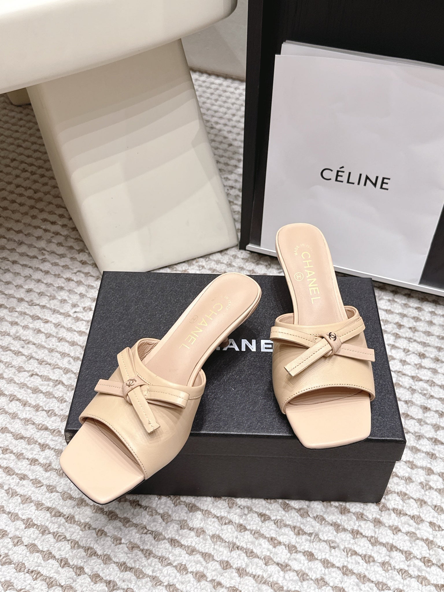 CC 26S Square Toe High Heel Sandals Beige Calfskin