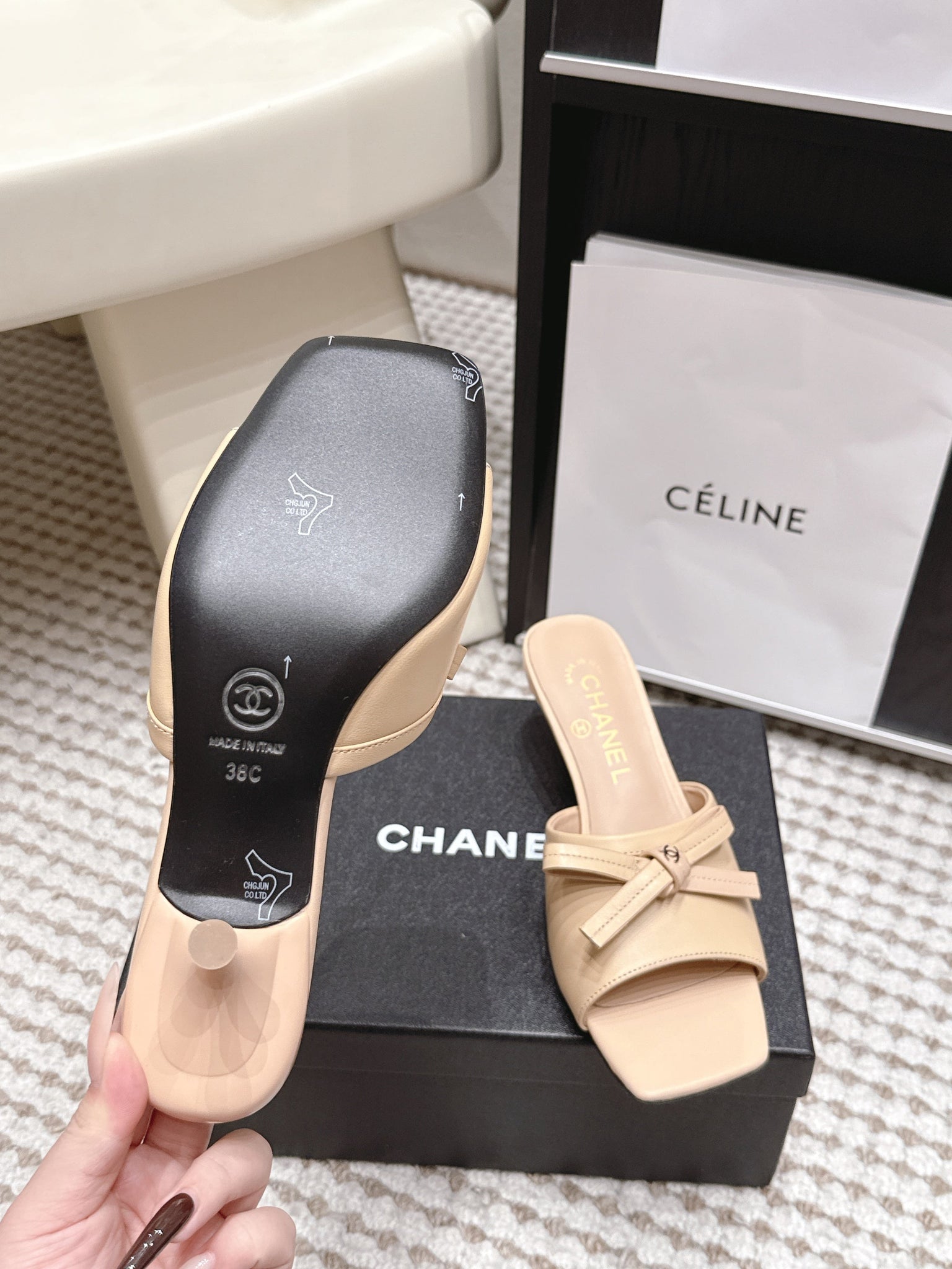 CC 26S Square Toe High Heel Sandals Beige Calfskin