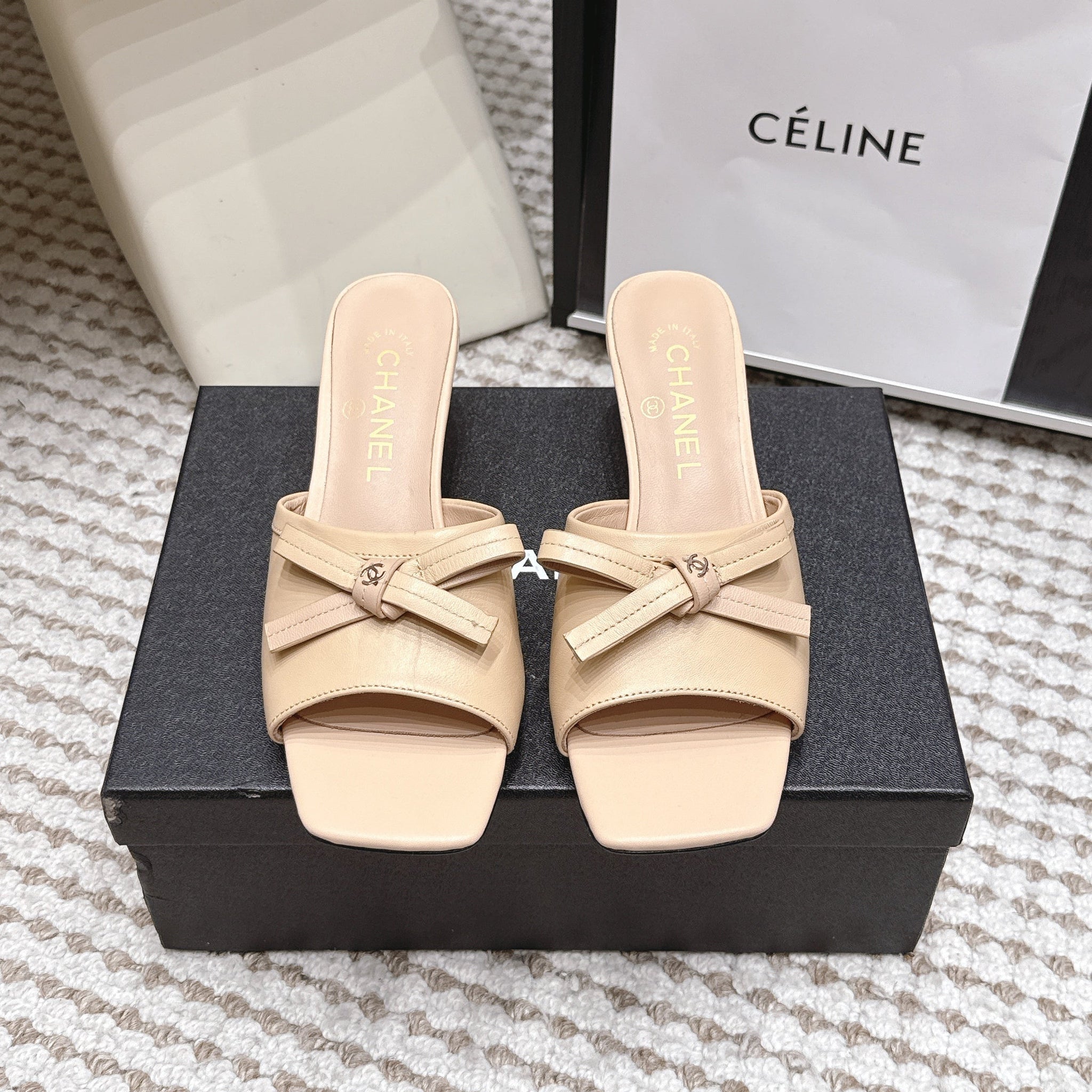 CC 26S Square Toe High Heel Sandals Beige Calfskin