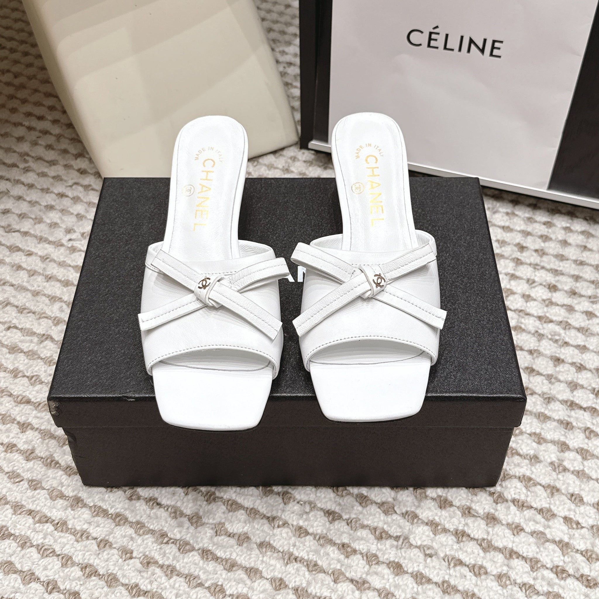 CC 26S Square Toe High Heel Sandals White Calfskin