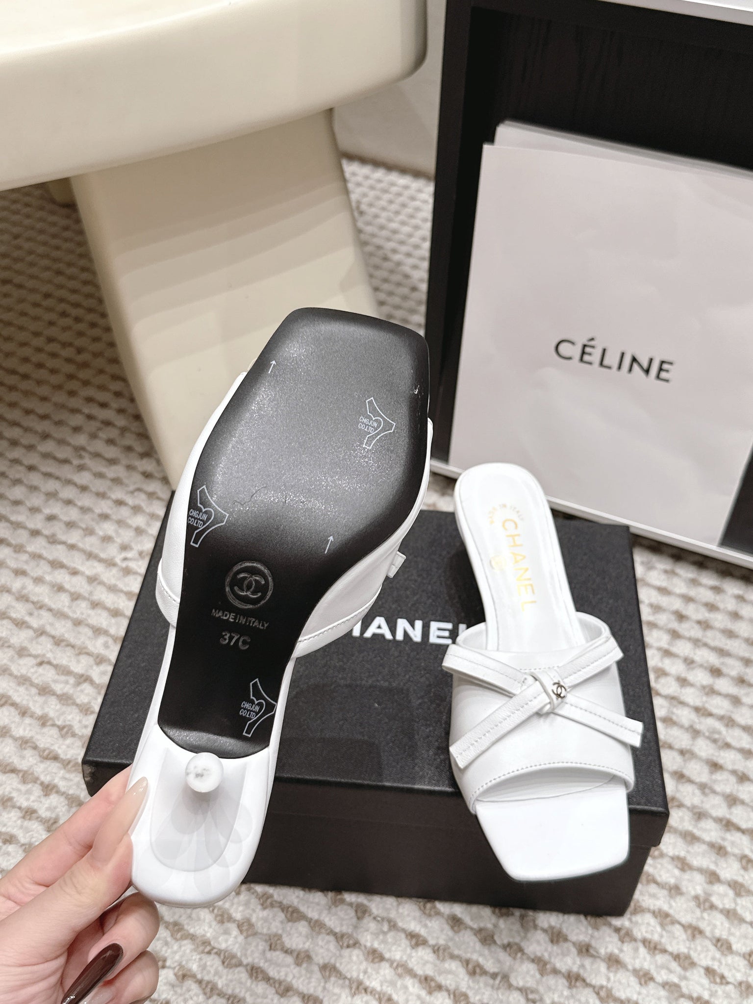 CC 26S Square Toe High Heel Sandals White Calfskin