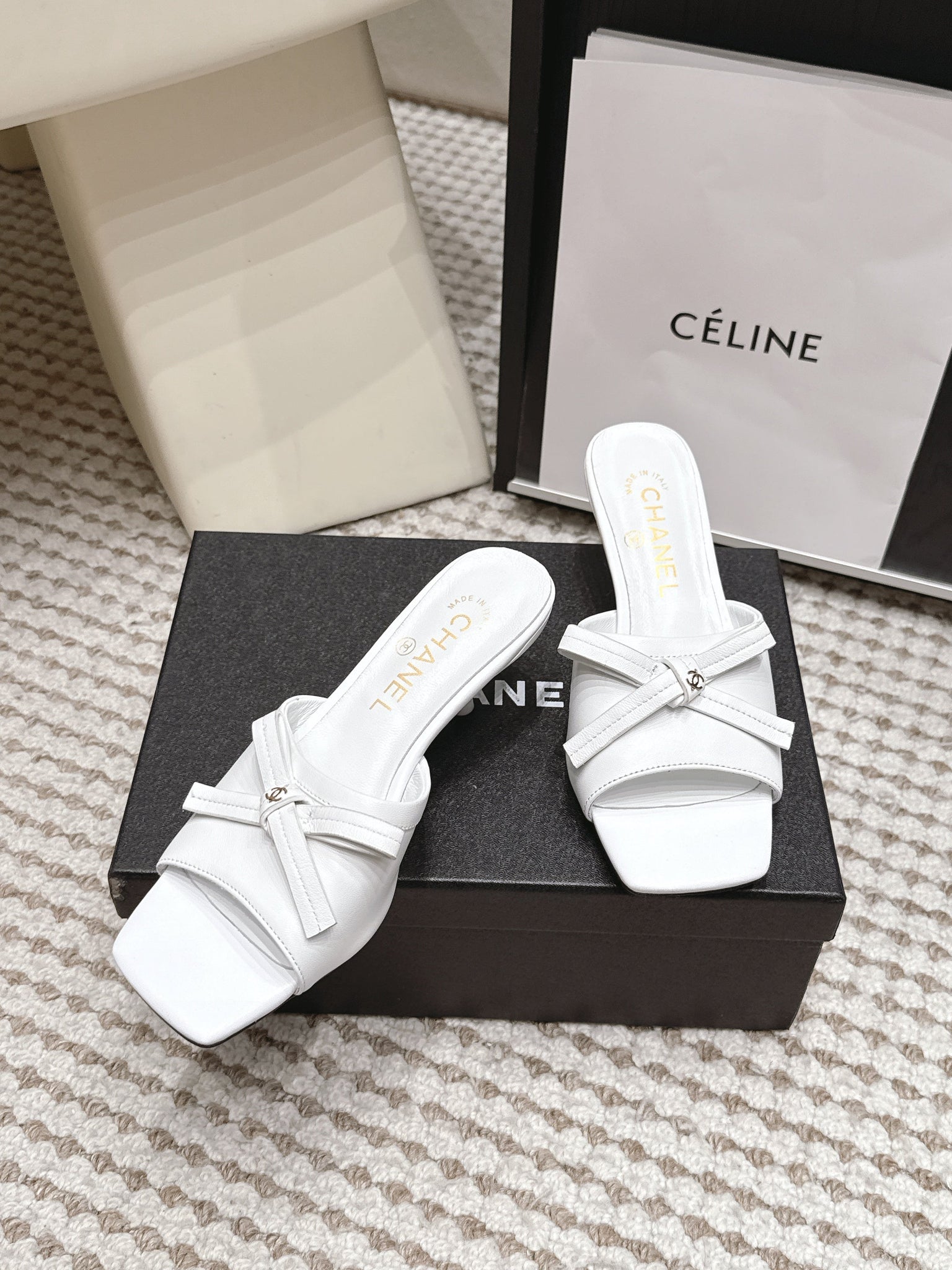 CC 26S Square Toe High Heel Sandals White Calfskin
