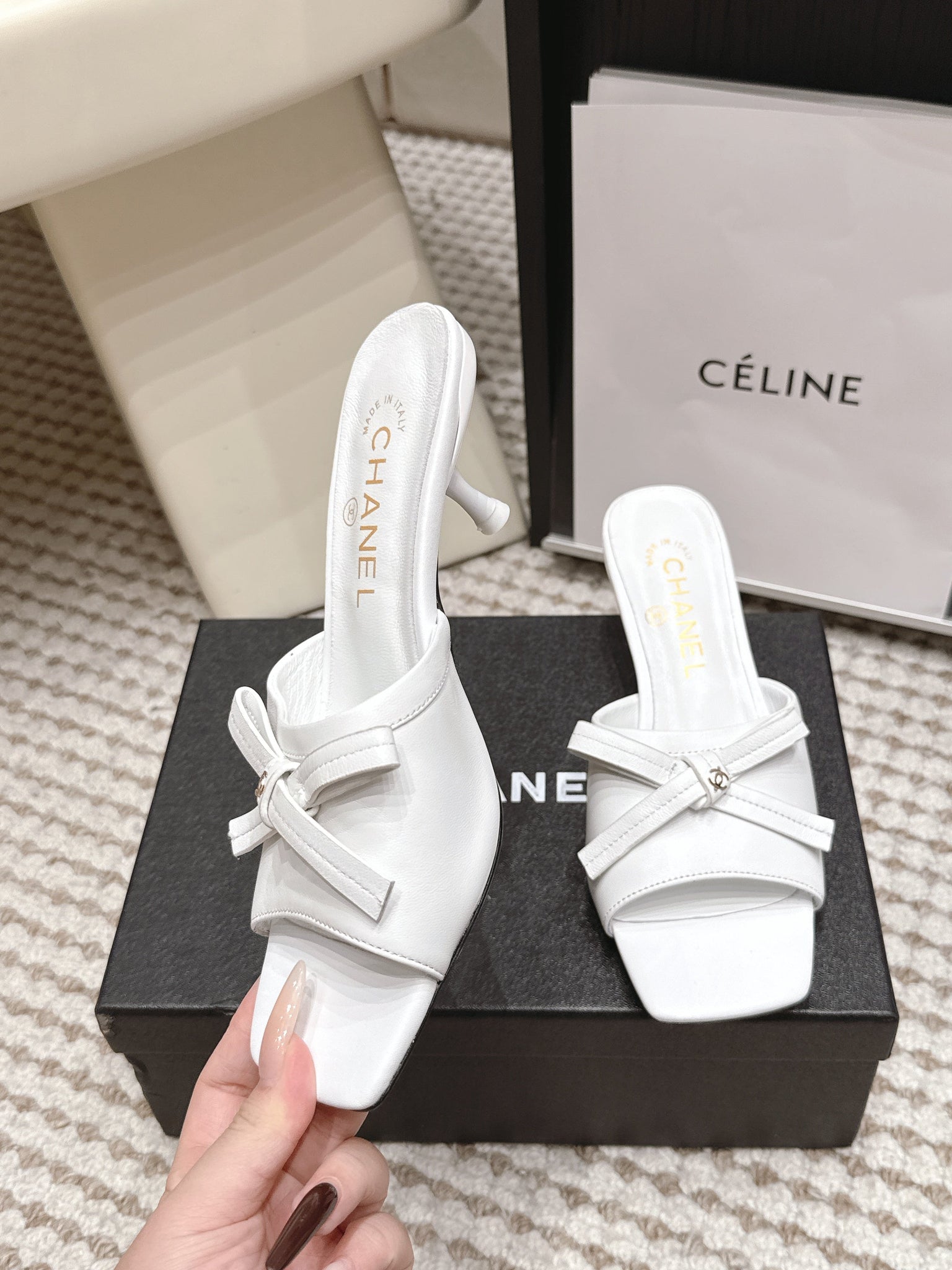 CC 26S Square Toe High Heel Sandals White Calfskin