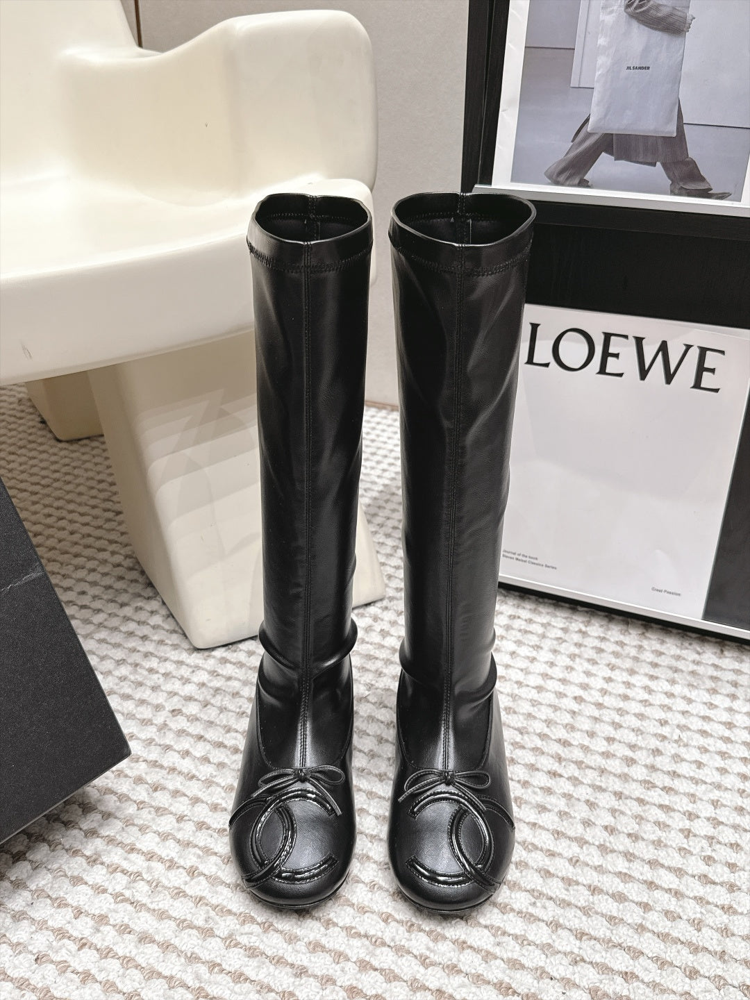 CC 26s Cambon Cap Toe Knee High Boots Black Leather 166360