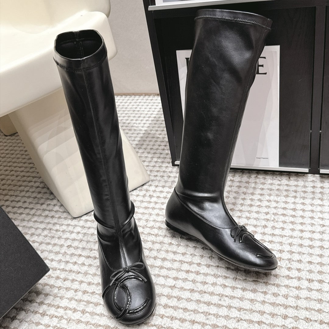 CC 26s Cambon Cap Toe Knee High Boots Black Leather 166360