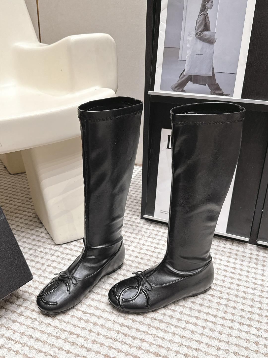 CC 26s Cambon Cap Toe Knee High Boots Black Leather 166360