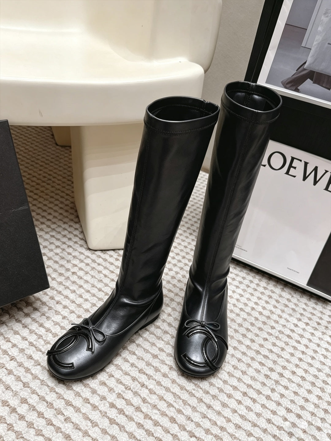 CC 26s Cambon Cap Toe Knee High Boots Black Leather 166360