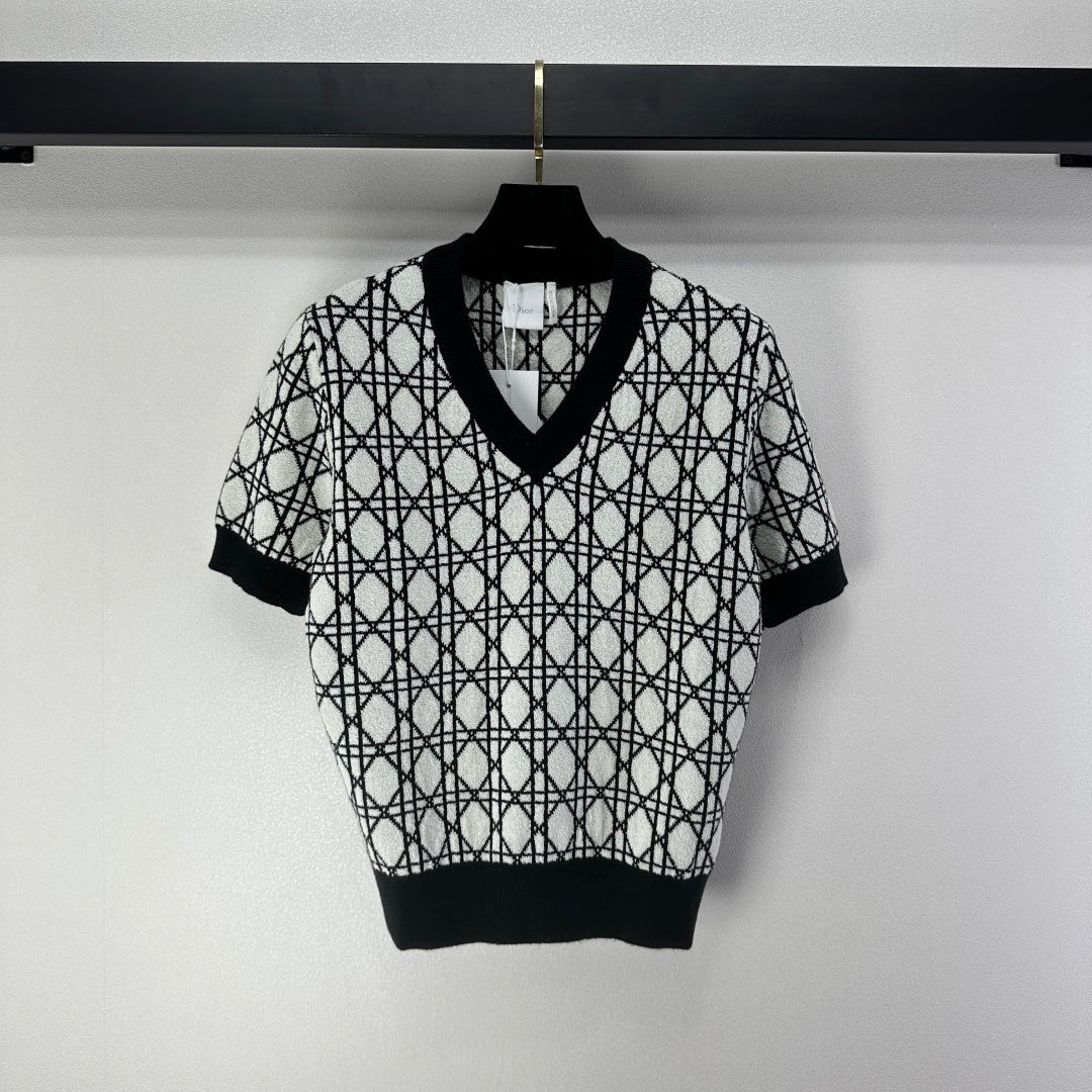 CD 26s Short-sleeved V-neckline Black White Cannage Cotton 348983