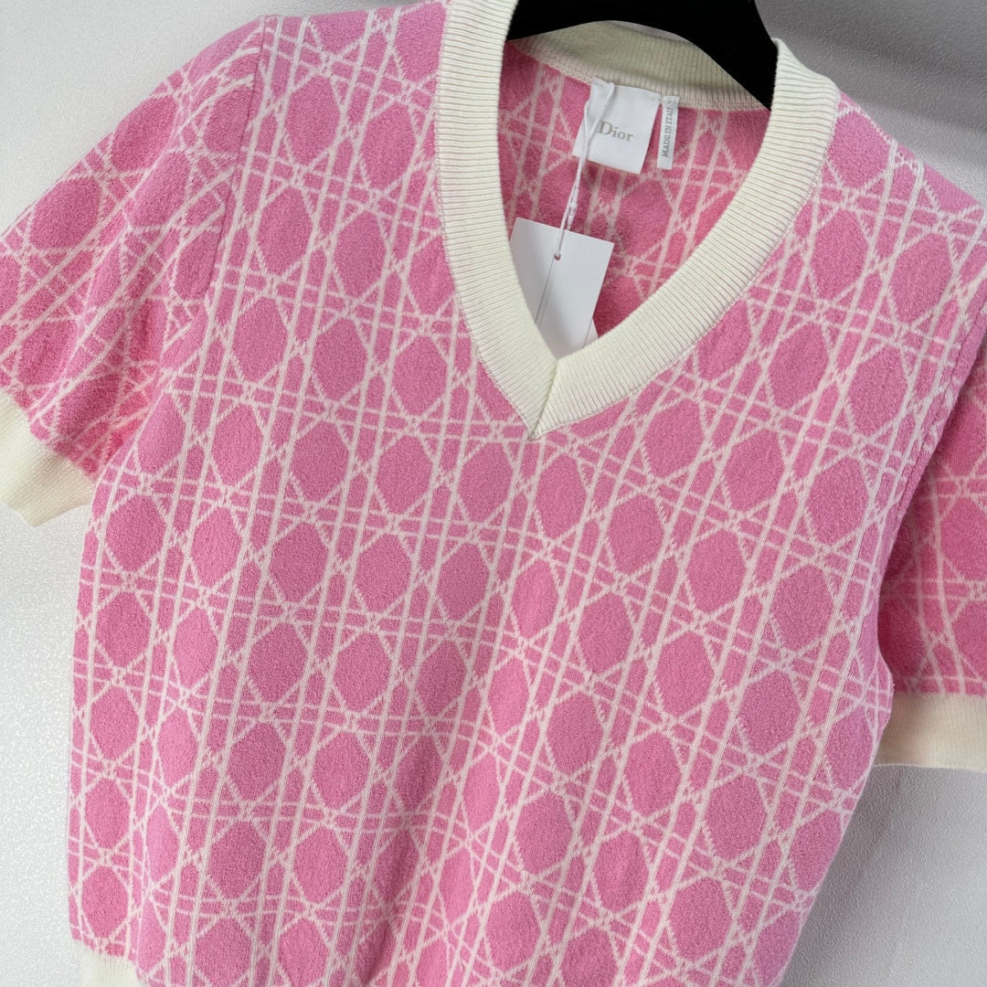 CD 26s Short-sleeved V-neckline Pink Cream Cannage Cotton 348984