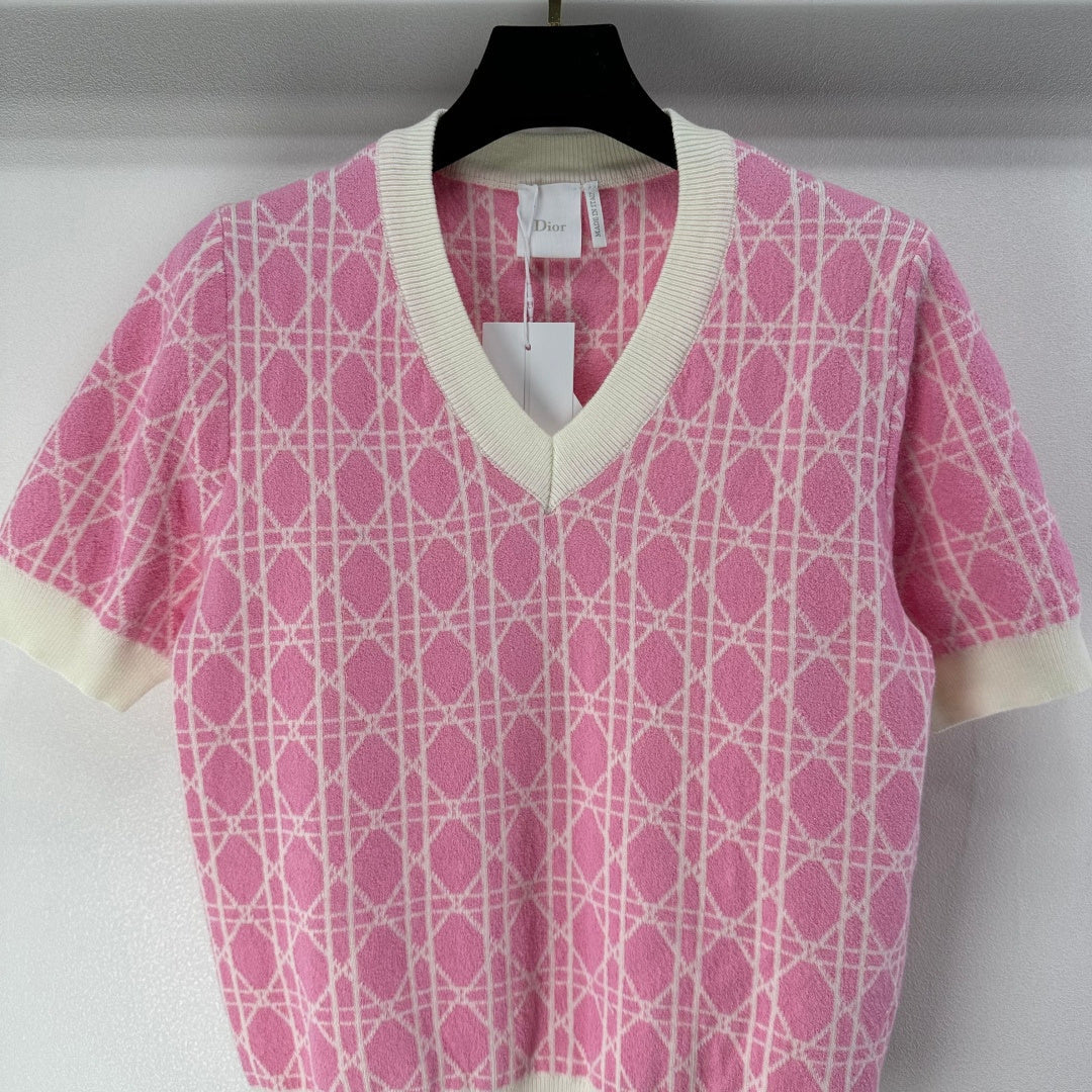 CD 26s Short-sleeved V-neckline Pink Cream Cannage Cotton 348984