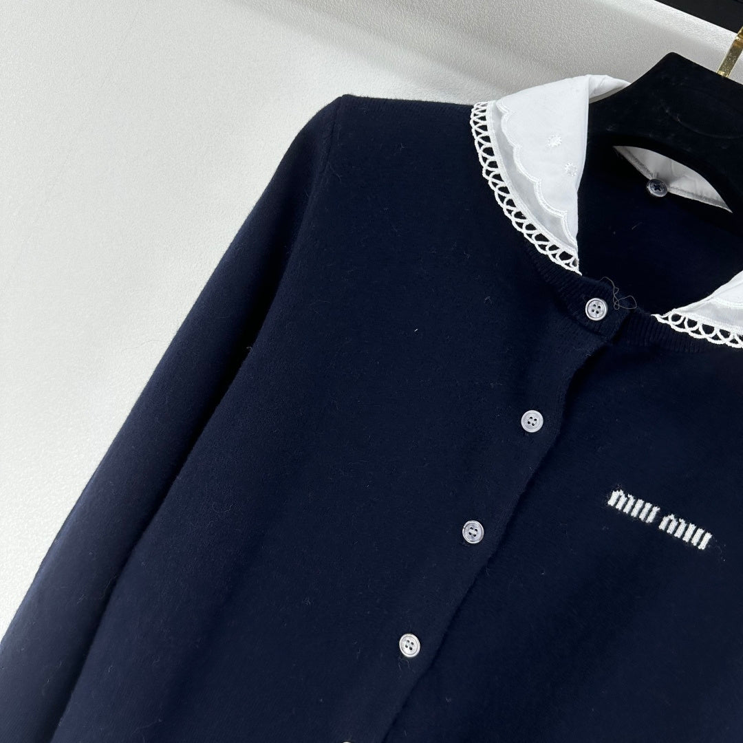 Miumiu 2026  Knit Long-Sleeve Cardigan Navy Blue Wool 349067