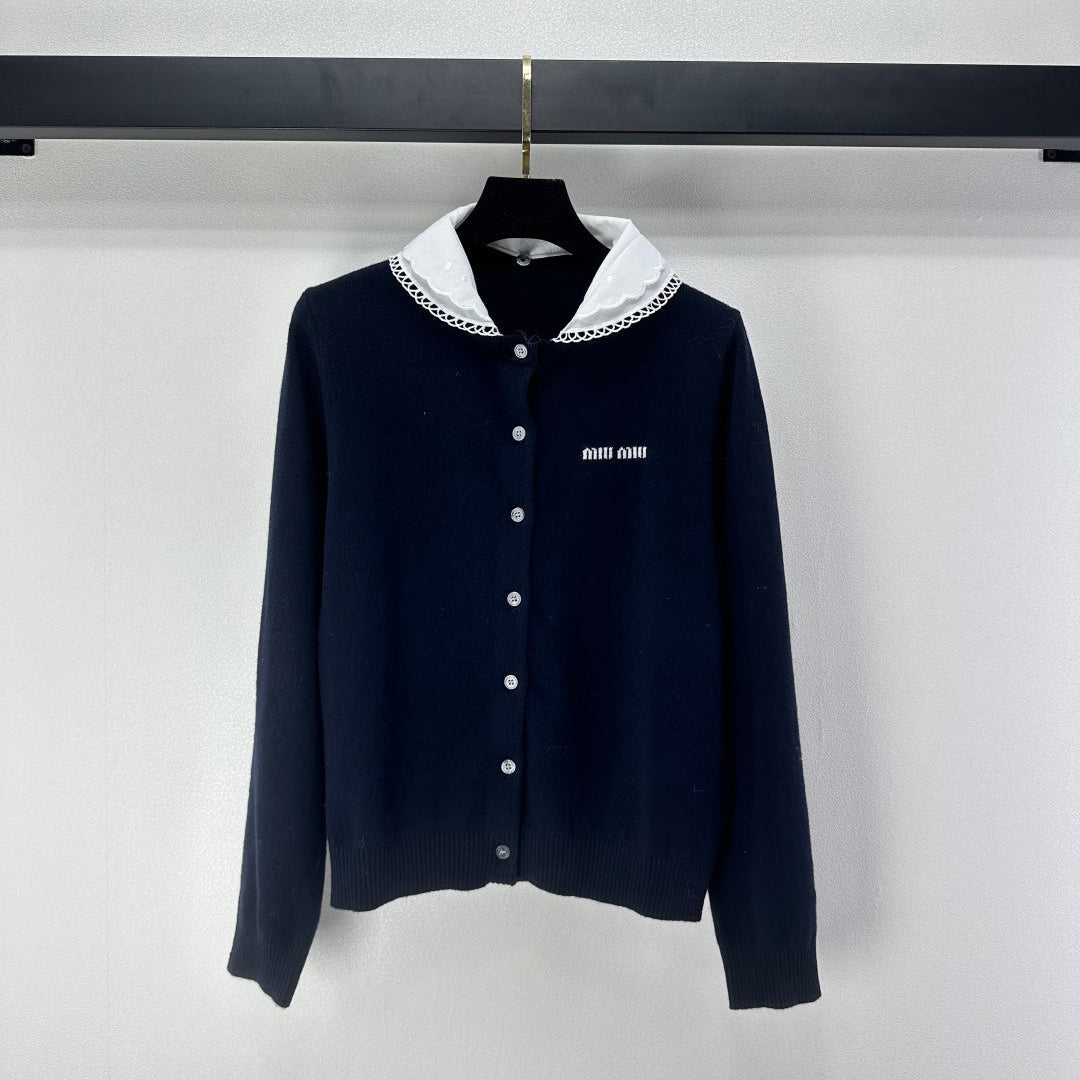 Miumiu 2026  Knit Long-Sleeve Cardigan Navy Blue Wool 349067