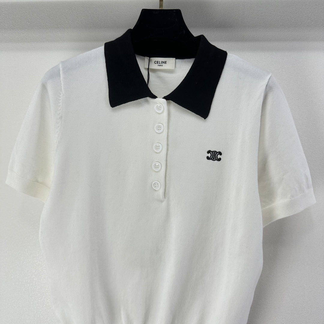 Celine Short-sleeved Polo Shirt White Cashmere Wool 349072