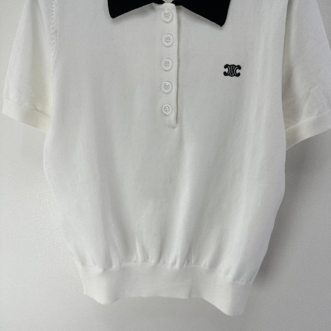 Celine Short-sleeved Polo Shirt White Cashmere Wool 349072