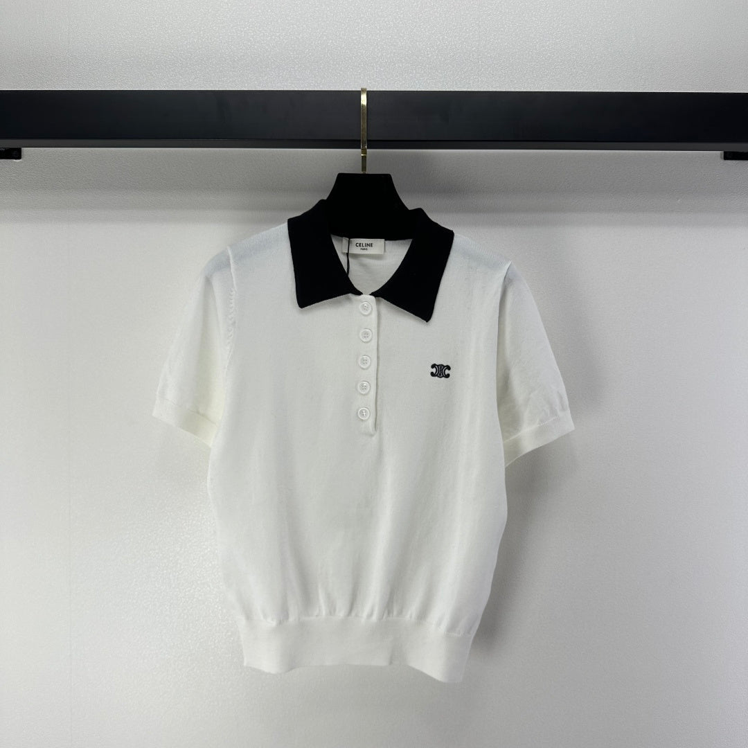 Celine Short-sleeved Polo Shirt White Cashmere Wool 349072