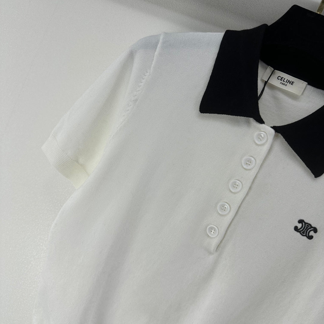 Celine Short-sleeved Polo Shirt White Cashmere Wool 349072